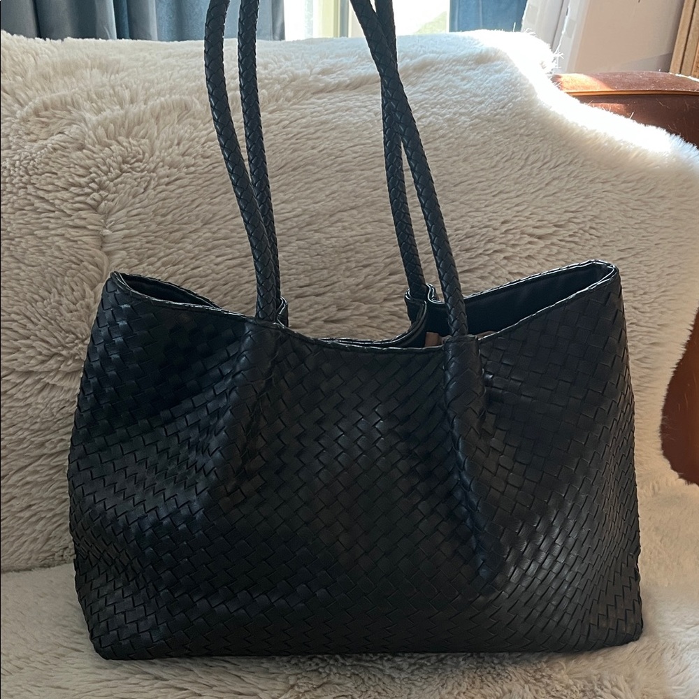 Lulu Dharma Black Napa Vegan Leather Woven Tote Bag